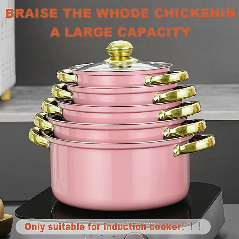 18pcs Pink Stainless Steel Cookware Set with Non-Stick Pans & Lids - Induction Compatible, Stackable Space-Saving Design, Golden-Toned Black Lids & Black Utensil-Friendly Sides, Heat-Resistant Durable 410 Stainless Steel Cons
