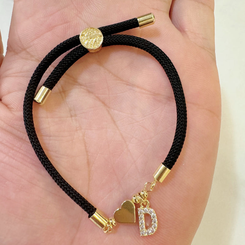 18K Golden Plated Heart Charm Bracelet with Synthetic Zirconia Letter Pendants A-Z, Simple Classic Black Polyester Cord, Adjustable for Daily Wear and Gift-Giving