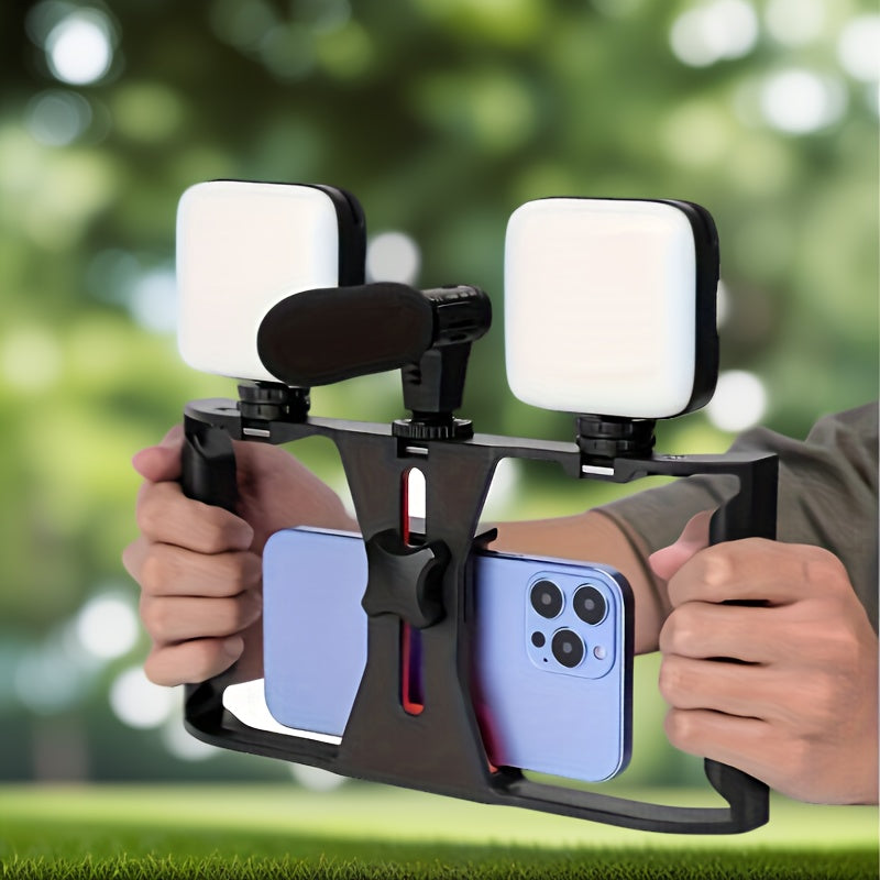 1pc Handheld Phone Stabilizer with Rotating Gimbal, Smartphone Micro Stand and Fill Light for Live Streaming/Photography Recording. Features Three Cold Shoe Mounts & Multiple 1/&