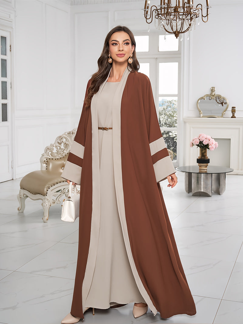 Breathable Light Beige-Friendly Fabric Color-Block Open Front Abaya with Sleeveless Inner Layer - Simple, Elegant, and Versatile Muslim Dress for Women&