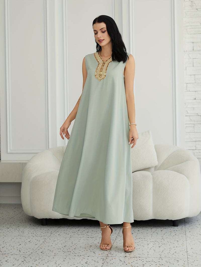 Oriental Style Sequined Lace Two-Piece Mesh Abaya Dress for Women, Middle Eastern Traditional Long Robe