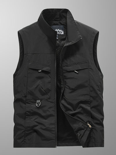 Men'S Navy Blue Sleeveless Vest with Stand Collar, Zippered Front & Side Pockets - Casual, Loose-Fit Outdoor Sports Vest for All Seasons, Polyester Fiber Lining, Perfect for Fall/Winter