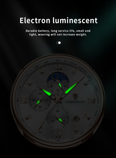 ساعة LIGE للرجال فاخرة من جلد البولي يوريثان رياضية كوارتز ساعة كرونوغراف للرجال هدية عيد الميلاد
