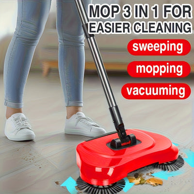 3in1 Manual Broom and Vacuum Combo with Long Handle - Automatic Deep Cleaning System, Sweeping, Mopping, Vacuuming - for Hardwood, Tile, Linoleum Floors - Ideal for Kitchen, Office, Living Room, Bedroom - Space-Saving Cleanin
