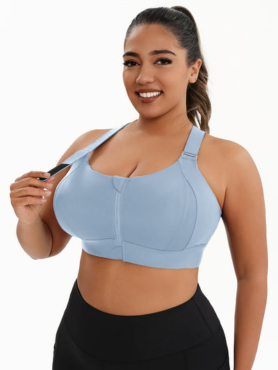 A Women'S Front-Zip Sports Bra, Featuring High Support And Plus Sizes, with Adjustable Straps, Suitable for Yoga, Fitness, And Workouts.