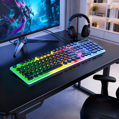 104-Key Full-Size Mechanical Gaming Keyboard with RGB Backlighting, Mechanical Keys & Multi-Function Knob - Heavy-Duty All-Metal Construction, Punk Retro Design For Gaming, Office, Programming - Wired Usb Gaming Keyboard