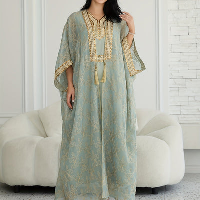 Oriental Style Sequined Lace Two-Piece Mesh Abaya Dress for Women, Middle Eastern Traditional Long Robe