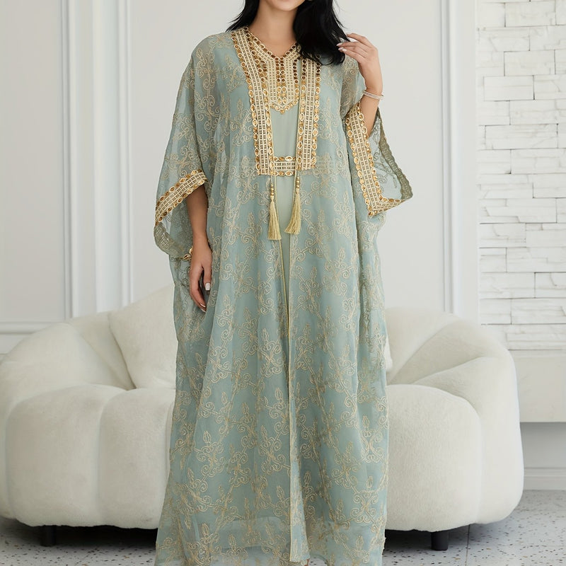 Oriental Style Sequined Lace Two-Piece Mesh Abaya Dress for Women, Middle Eastern Traditional Long Robe