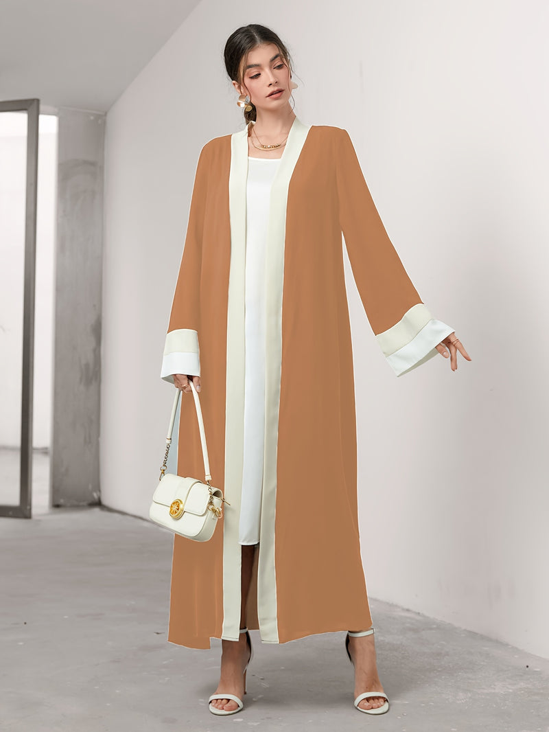 Cozy Comfort, Elegant Black and Cream Long Robe with Ruffle Sleeves - Polyester, Machine Washable, Casual Style for Women - Perfect for Spring/Summer/Fall