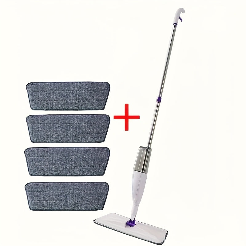 1 household mop with spraying function, including 4 replaceable cleaning cloths, with 360-degree flexible cleaning-suitable for living room, bedroom, kitchen and bathroom.