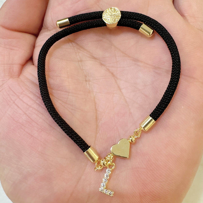 18K Golden Plated Heart Charm Bracelet with Synthetic Zirconia Letter Pendants A-Z, Simple Classic Black Polyester Cord, Adjustable for Daily Wear and Gift-Giving