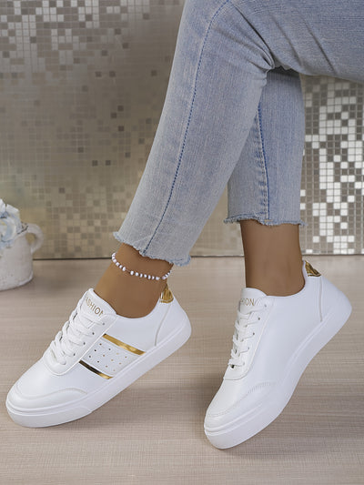 Women'S White Low-Top Sneakers with Golden Accents - Genuine Leather Upper, Breathable Fabric Lining & Durable Rubber Sole, Lace-Up Casual Shoes for All-Season Comfort, Ladies Sneakers, Baked White Sports Shoe For Women