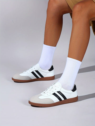 Women's Striped Pattern Flat Sneakers, Casual Lace Up Outdoor Shoes, Comfortable Low Top Shoes