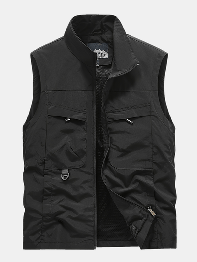 Men'S Navy Blue Sleeveless Vest with Stand Collar, Zippered Front & Side Pockets - Casual, Loose-Fit Outdoor Sports Vest for All Seasons, Polyester Fiber Lining, Perfect for Fall/Winter