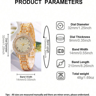 Women'S Watch Sets 6pcs Elegant Quartz Watch And Jewelry Set, Fashion Women'S Round Watch, Rhinestone Necklace, Earrings, Ring, Bracelet Set Suitable for Daily Wear And Best Holiday Gifts (No Box)