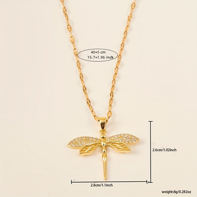 Women'S Elegant Dragonfly Pendant Necklace with Synthetic Zirconia - 18K Golden Plated Stainless Steel Chain, Interlocking Link Design, All-season Versatile Jewelry Gift For Her, Cute Necklace, Daily Wear Jewelry, Sophisticat