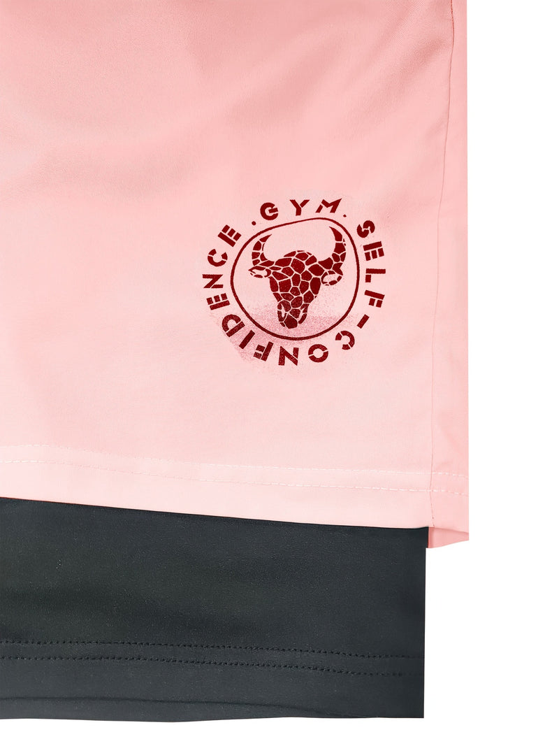 2-in-1 Double Layer Ombre Shorts - High Stretch, Drawstring Waist, Side Pocket, Breathable, Quick-Drying, Comfortable, Mens Sports Shorts for Summer Gym Workout, Training, and Fitness - GYM Pattern Print, Bull Design