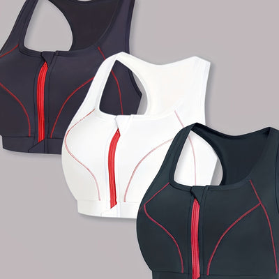 3pcs Women's Plus Size High Support Sports Bras with Front Zipper, Removable Pads - Fashionable Plus Size Casual Sportswear for Women