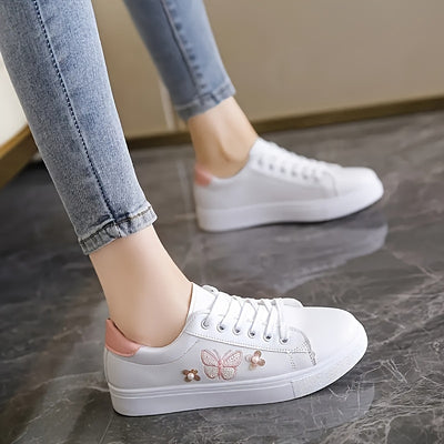 Women's Butterfly Pattern Sneakers, Casual Lace Up Outdoor Shoes, Lightweight Low Top Faux Leather Shoes