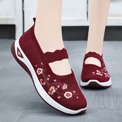 Women's Flower Pattern Flat Shoes, Breathable Knit Slip On Outdoor Shoes, Lightweight Low Top Shoes