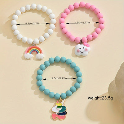 3pcs Cute & Sweet Cloud, Rainbow Unicorn Pendant Acrylic Beaded Bracelets for Girls - Perfect Daily Wear or Holiday Gift Set