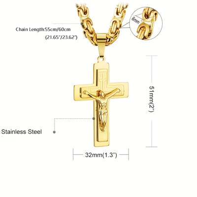 Men's 304L Stainless Steel Triple Cross Pendant Necklace with U-Shaped Flat Link Chain - Golden-Tone Religious Jewelry for Casual & Formal Wear, Everyday Fashion Accessory, Stylish Accessory, Highquality Finish
