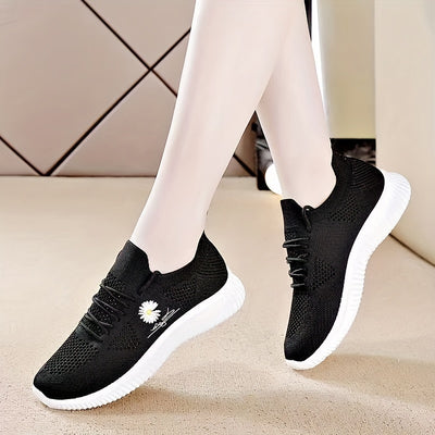 Women's Daisy Pattern Knitted Sneakers, Breathable Low Top Running & Tennis Trainers, Casual Gym Sports Shoes