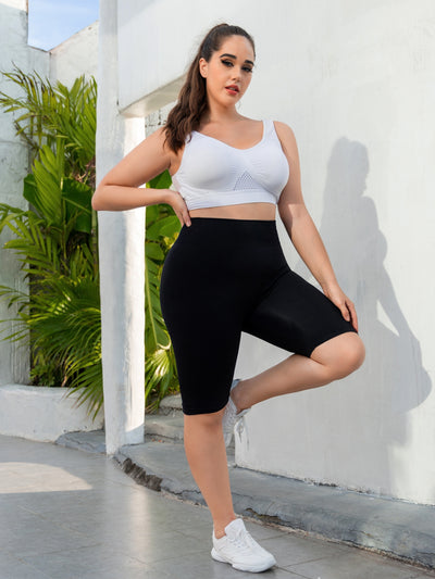 Plus Size Sports Shorts, Women's Plus Wide Waistband High Waist Seamless Running Yoga Shorts