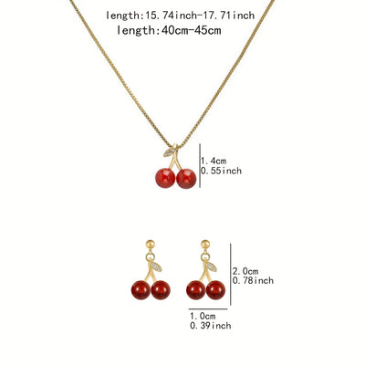 NEW 3pcs set, red cherry fruit earrings and necklace, high-quality jewelry, upgraded cute earrings and necklace, premium decorative earrings, suitable for daily wear, wedding season accessory, perfect gift for best friends, c