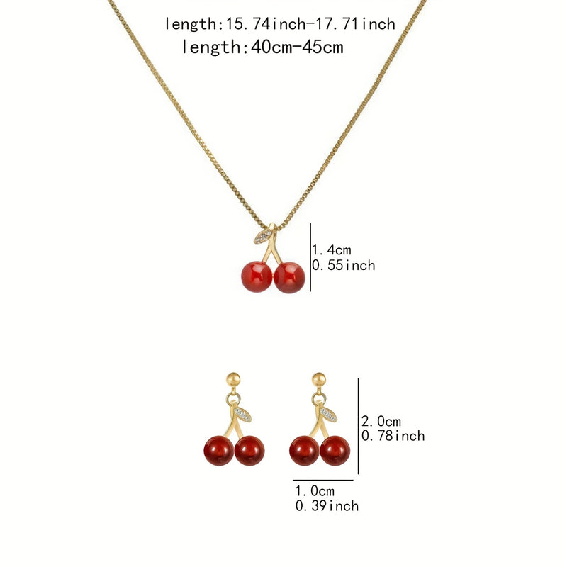 NEW 3pcs set, red cherry fruit earrings and necklace, high-quality jewelry, upgraded cute earrings and necklace, premium decorative earrings, suitable for daily wear, wedding season accessory, perfect gift for best friends, c