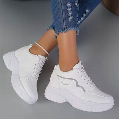 Women's White Platform Sneakers, Casual Lace Up Outdoor Shoes, Comfortable Low Top Sport Shoes
