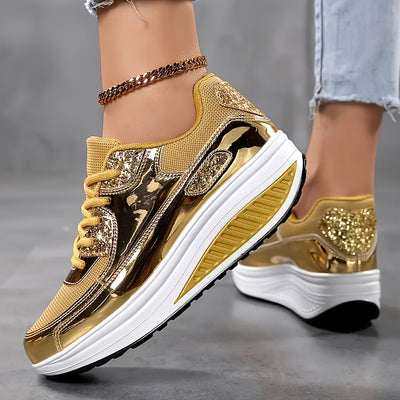 Women's Metallic Platform Sneakers, Breathable Mesh Lace Up Outdoor Shoes, Comfortable Low Top Sport Shoes