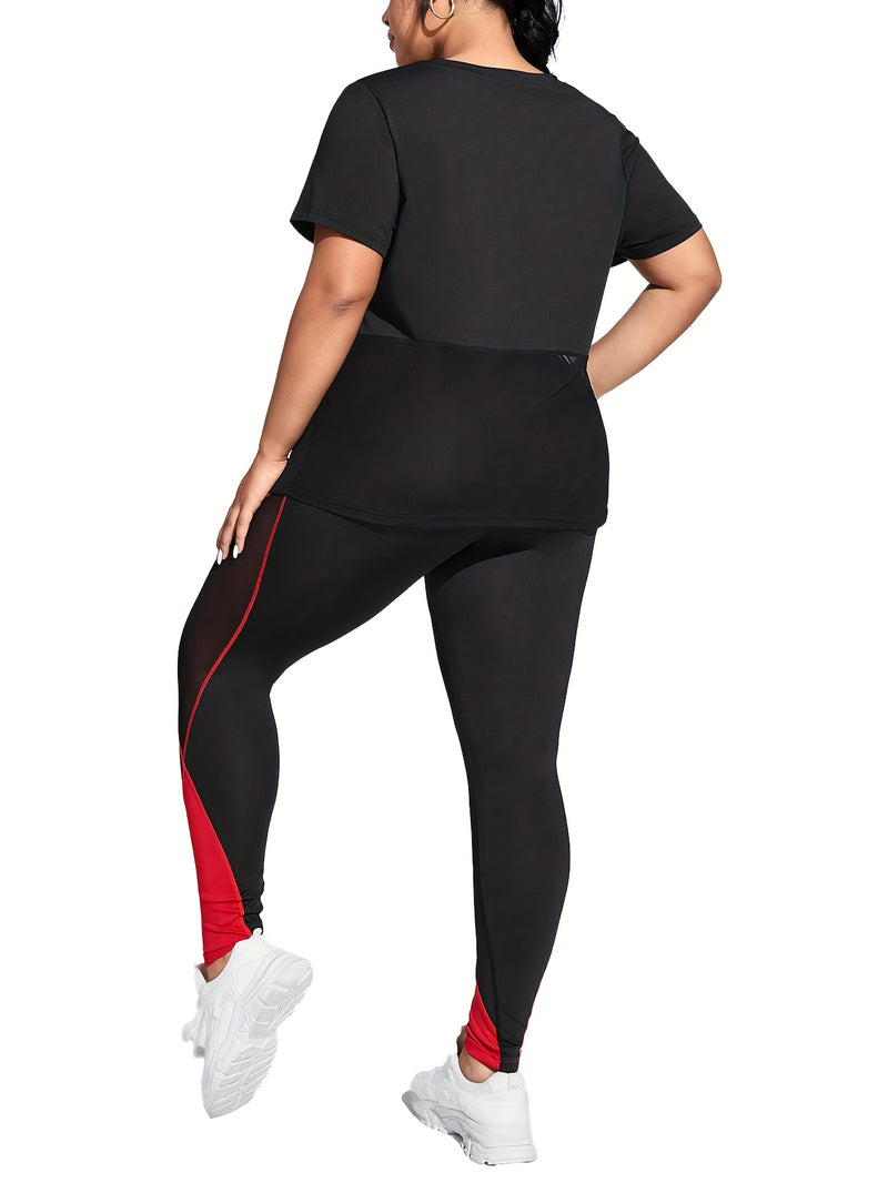 Plus Size Yoga Casual Sports Mesh Patchwork Logo Print Short Sleeve Set, Elegant Style, Crew Neck, High Stretch Fabric, All-Season Wear, with Butt Lifting and Comfortable Soft Compression Fit