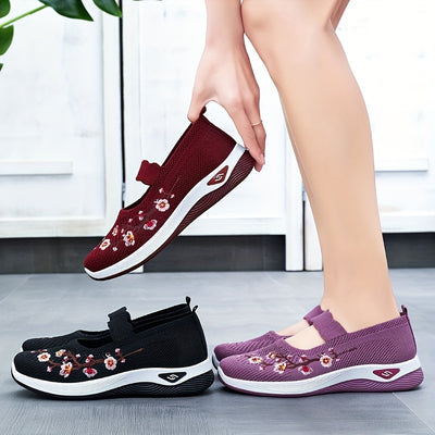 Women's Flower Print Knitted Flats, Breathable Slip On Outdoor Shoes, Comfortable Low Top Shoes