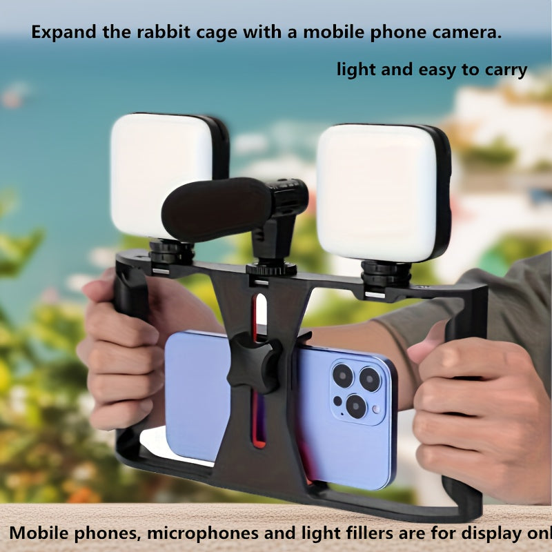 1pc Handheld Phone Stabilizer with Rotating Gimbal, Smartphone Micro Stand and Fill Light for Live Streaming/Photography Recording. Features Three Cold Shoe Mounts & Multiple 1/&
