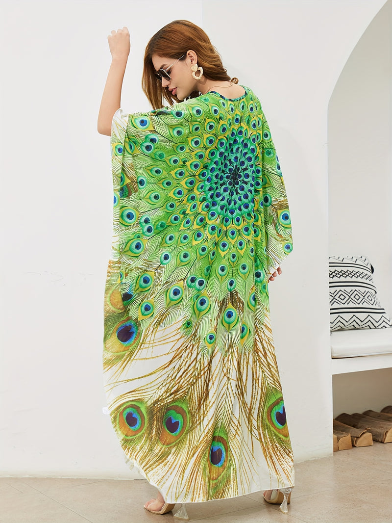 peocock printed women beach kaftans handmade waved maxi dresses bikini cover ups for swimwear bathing suits