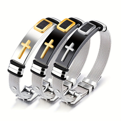 3pcs Cross Titanium Steel Cool Men's And Women's Bracelet, Smooth Decoration Casual Fashion Stainless Steel Set Bracelet Gifts