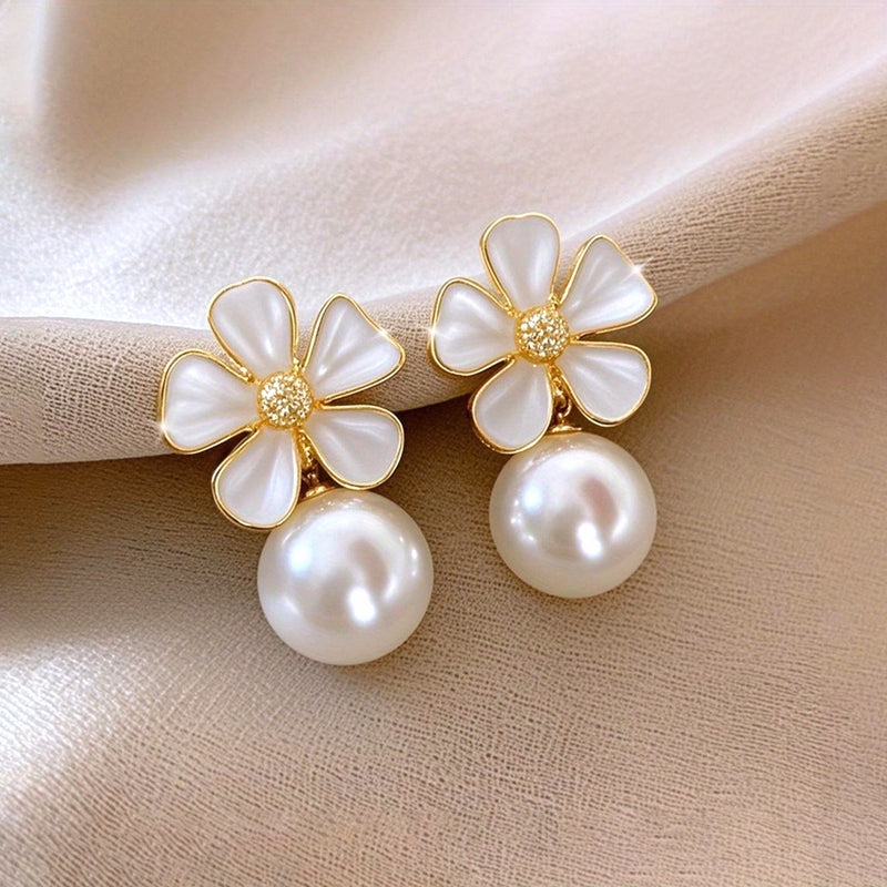 [NEW]A Pair of 2pcs, White Oil Drop Flower Round Bead Earrings, High-Quality Jewelry, Upgraded Fashionable Earrings, High-End Decorative Earrings, Suitable for Daily Wear, Wedding Season Accessories, Suitable for Gifts for Gi