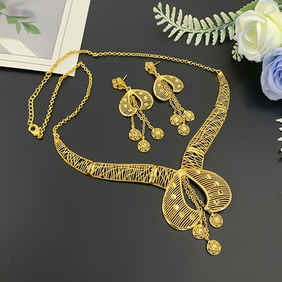 2025 New Bohemian 2pcs Hollow Flower Tassel Earrings and Necklace Elegant Ladies Jewelry Set, Perfect for Dubai Bridal Wedding Anniversary Gift, Valentine's Day, Christmas Eid, Daily Present for Wife, Family, Girlfriend