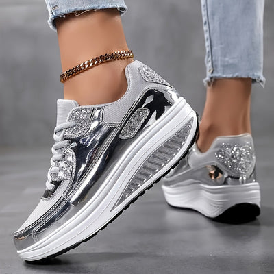 Women's Metallic Platform Sneakers, Breathable Mesh Lace Up Outdoor Shoes, Comfortable Low Top Sport Shoes