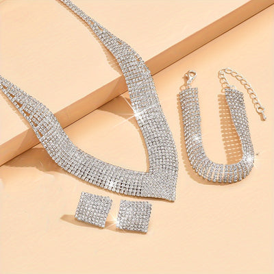 Elgent Bride Imitation Crystal Necklace Earrings Set Bridal Wedding Jewelry Sets Rhinestone Choker Necklace Prom Costume Jewelry Set for Women and Girls