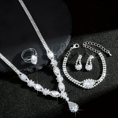 Luxurious and Exquisite High-end Sparkling Water Drop Necklace, Bracelet, Earrings and Ring Set for Bride's Wedding