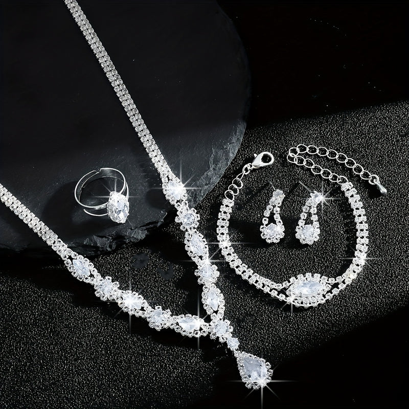 Luxurious and Exquisite High-end Sparkling Water Drop Necklace, Bracelet, Earrings and Ring Set for Bride&