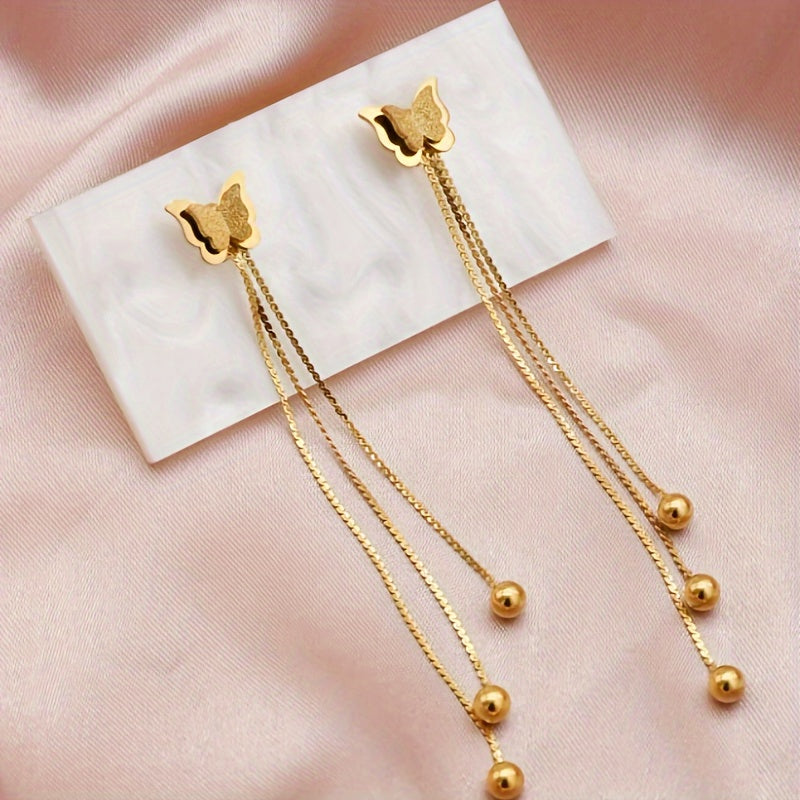 A Pair of Butterfly Tassel Earrings Made of Stainless Steel, Stylish And Classic, New for The Autumn And Winter Season.