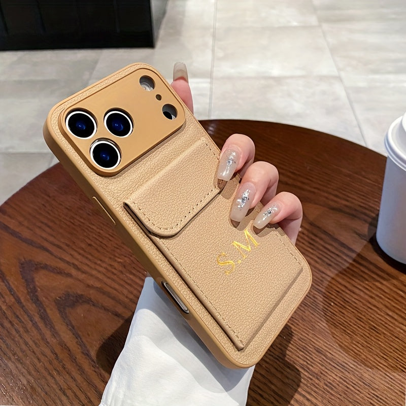 Personalized Customized Letter Faux Leather Card Holder Phone Case for Iphone 17 16 15 14 Plus 13 12 11 Pro Max 17Air Shockproof Lens Protective Cover