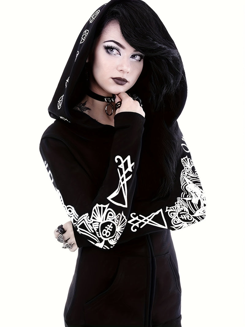 سويت شيرت نسائي بسحاب مطبوع عليه هندسي على طراز البانك