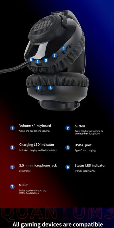 سماعة ألعاب لاسلكية JBL Quantum 350 - عمر بطارية يصل إلى 22 ساعة، عزل للضوضاء، ميكروفون قابل للفصل، وسادات أذن مريحة، شحن USB-C، مثالية لألعاب الكمبيوتر وأجهزة الألعاب، سماعة ألعاب | سماعة ألعاب مريحة | عزل للضوضاء