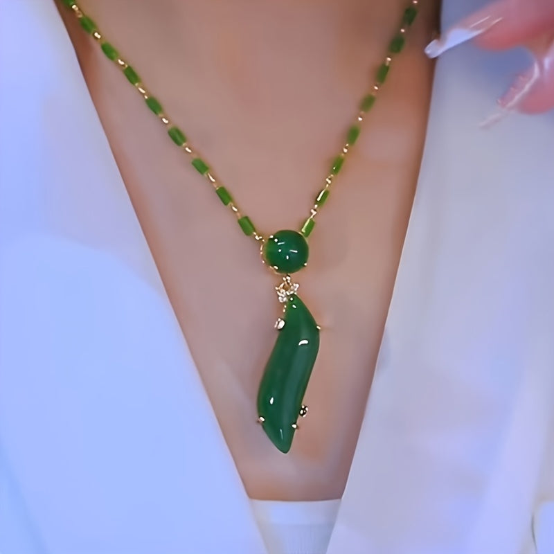 Elegant Green Charm Bamboo Pendant Necklace for Women - Golden-Tone Alloy Chain with Resin Detailing, Fashionable Collarbone Jewelry, Fashion Accessory | Elegant Jewelry | Decorative Beads