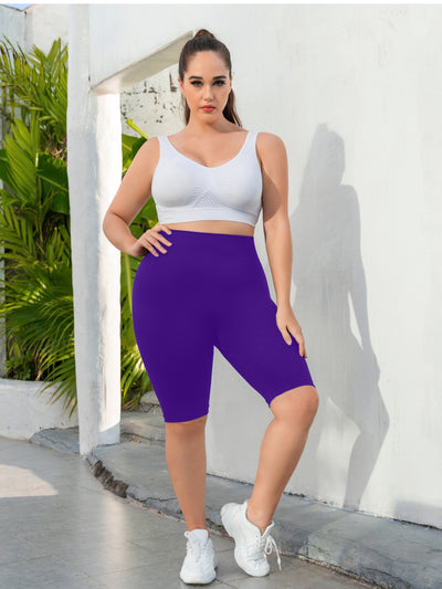 Plus Size Sports Shorts, Women's Plus Wide Waistband High Waist Seamless Running Yoga Shorts