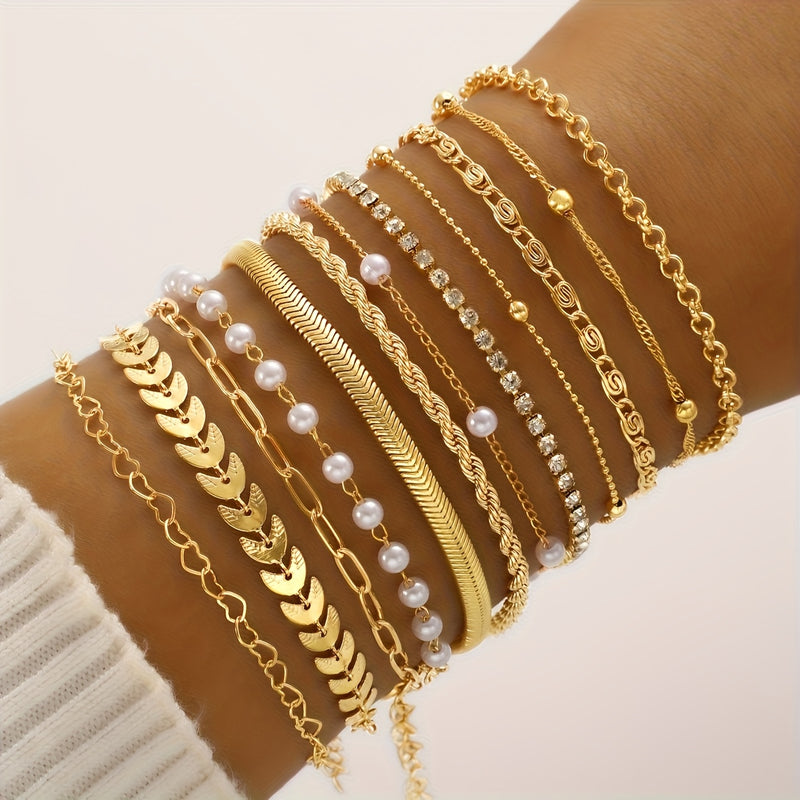 11pcs/12pcs Creative Minimalist Heart Twist Chain Bracelet Set, Stainless Steel with Artificial Crystal Accents, Versatile for Daily Wear & Parties, Valentine&